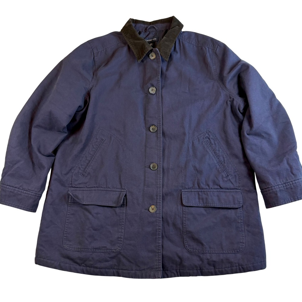 Lands‎ End Chore Coat Barn Jacket Womens XL Petite 18-20 Blue Corduroy Collar